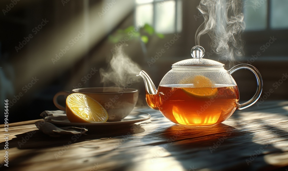 Poster elegant tea set with a steaming glass teapot and a slice of lemon, rustic wooden table illuminated b