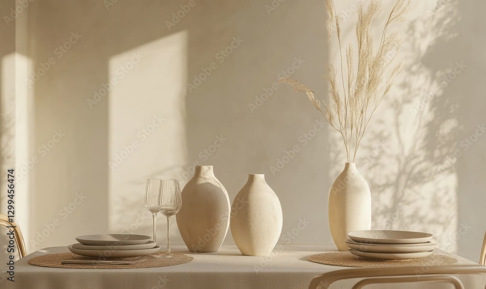 Poster elegant table setting with minimalist vases and soft beige decor, illuminated by warm natural light 