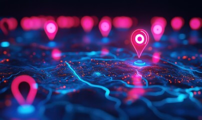 Artistic digital map with glowing pink and blue location markers, symbolizing navigation and global reach
