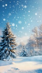 Fototapeta premium Snow covered winter trees and a beautiful blue sky background