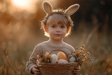 Child wearing bunny ears holding Easter basket with decorated eggs at golden sunset.For design, print, wallpaper, poster, interior, advertising, banner.