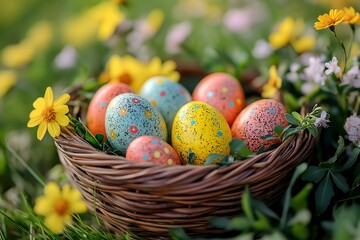 Colorful speckled Easter eggs in wicker basket with yellow daisies and spring flowers outdoors.For design, print, wallpaper, poster, interior, advertising, banner.