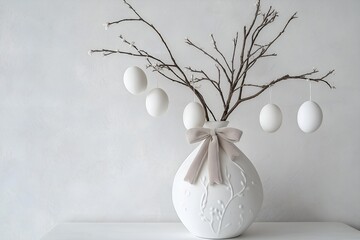 White Easter eggs hanging on spring branches in elegant white vase with bow on light background.For design, print, wallpaper, poster, interior, advertising, banner.With place for text.	