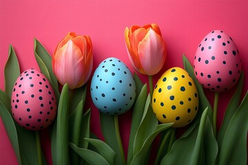 Red tulips and speckled Easter eggs arranged in line on pink background.For design, print, wallpaper, poster, interior, advertising, banner.