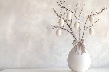 White Easter eggs hanging on spring branches in elegant white vase with bow on light background.For design, print, wallpaper, poster, interior, advertising, banner.With place for text.	