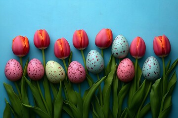 Red tulips and speckled Easter eggs arranged in line on blue background.For design, print, wallpaper, poster, interior, advertising, banner.