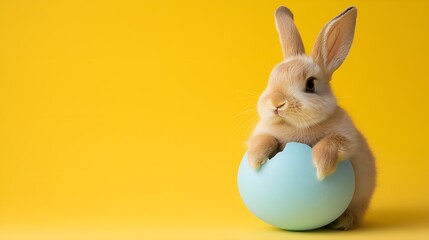 Cute beige rabbit with blue ball on bright yellow background.For design, print, wallpaper, poster, interior, advertising, banner.With place for text.	