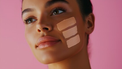 Foundation swatches on cheek with pink background, beauty makeup concept.For design, print, wallpaper, poster, interior, advertising, banner.