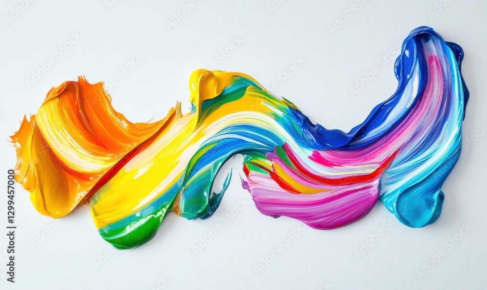 Poster flowing streaks of vibrant rainbow paint curving dynamically across a clean white background, creati