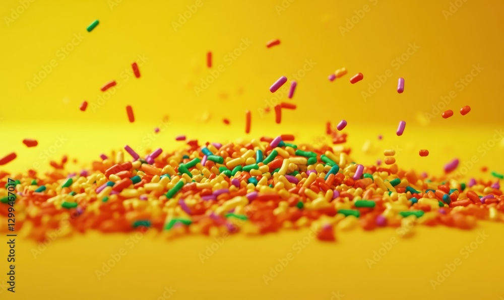 Poster artistic flat lay of colorful sprinkles scattered on a bright yellow surface, illuminated by soft na