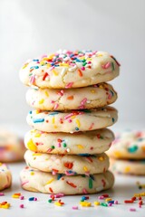Stack of sugar cookies with colorful rainbow sprinkles on white background.For design, print, wallpaper, poster, interior, advertising, banner, menu, recipe.