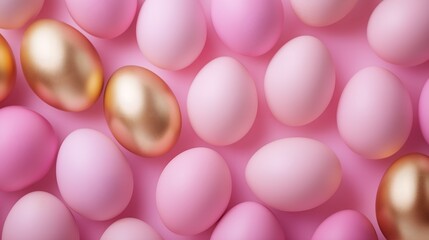 Pink and rose gold Easter eggs pattern on pink background, close-up view.For design, print, wallpaper, poster, interior, advertising, banner.