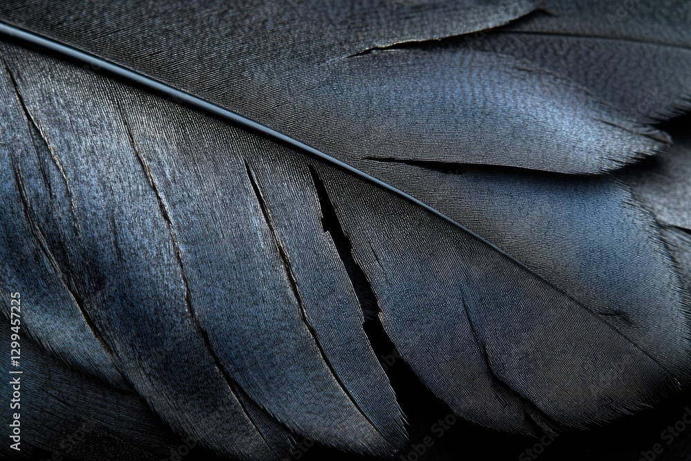 Poster close-up of a dark, textured bird feather showing intricate detail and delicate barbs.