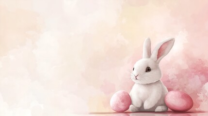 Cute white Easter bunny with pink eggs on pastel watercolor background illustration.For design, print, wallpaper, poster, interior, advertising, banner.With place for text.	