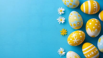 Easter colored eggs with speckles on blue textured background with copy space.For design, print, wallpaper, poster, interior, advertising, banner.