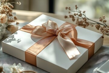 White gift box with rose gold satin ribbon bow and dried flowers decoration.For design, print, wallpaper, poster, interior, advertising, banner.