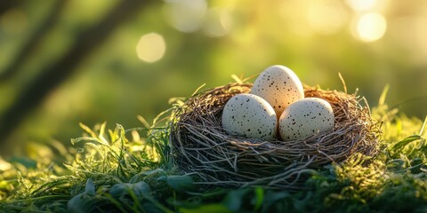 Obraz premium Nest with three speckled eggs resting on lush green grass in a tranquil natural setting during daylight