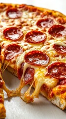 Deliciously cheesy pepperoni pizza slices with gooey melted cheese on a wooden surface