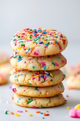 Stack of sugar cookies with colorful rainbow sprinkles on white background.For design, print, wallpaper, poster, interior, advertising, banner, menu, recipe.
