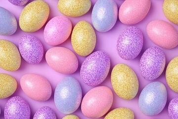 Colorful glitter Easter eggs pattern on pink background - pink, gold, blue and violet decorated eggs.For design, print, wallpaper, poster, interior, advertising, banner.