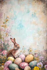 Easter bunny with decorated eggs and spring flowers on pastel watercolor background.For design, print, wallpaper, poster, interior, advertising, banner.With place for text.	