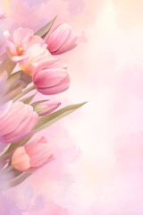Pink tulips bouquet on soft pastel background with copy space.For design, print, wallpaper, poster, interior, advertising, banner.