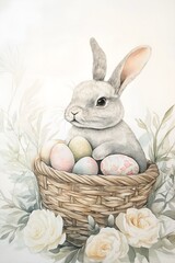 Watercolor illustration of grey bunny in wicker basket with Easter eggs and white roses.For design, print, wallpaper, poster, interior, advertising, banner.With place for text.	