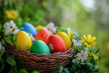 Colorful Easter eggs in wicker basket with white and yellow spring flowers on green background.For design, print, wallpaper, poster, interior, advertising, banner.With place for text.	