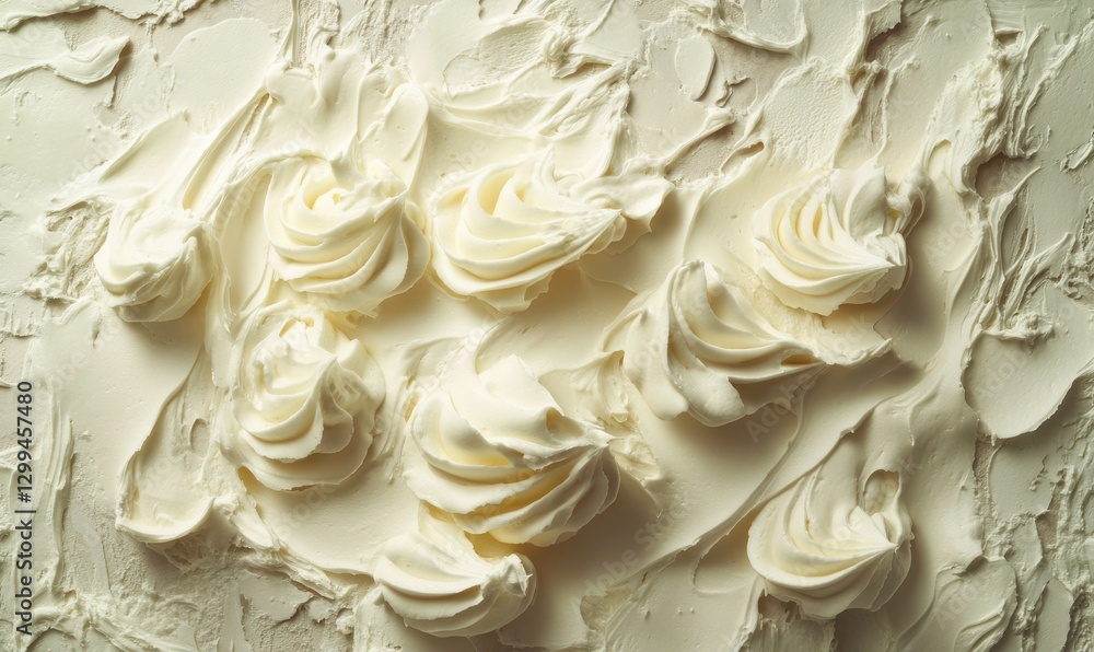 Poster artistic flat lay of smooth white frosting spread on a textured surface illuminated by diffused ligh
