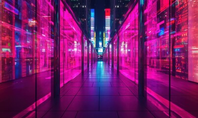 Fototapeta premium Futuristic cityscape glowing with neon pink and purple lights, streets reflecting vibrant colors in a high-tech urban setting