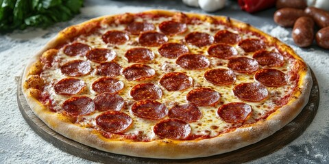 Delicious pepperoni pizza with a crispy crust served on a wooden board in a rustic kitchen setting
