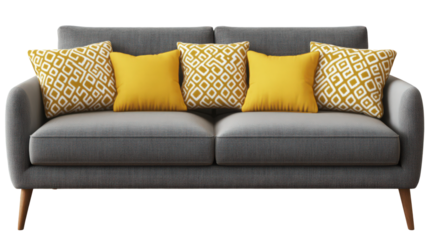 Contemporary gray sofa with patterned and solid yellow accent pillows arrangement