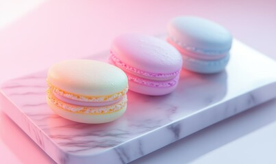 Obraz premium Artistic flat lay of pastel-colored macarons placed neatly on a marble tray, soft glowing light adding charm and clarity, evoking elegance and sweetness,
