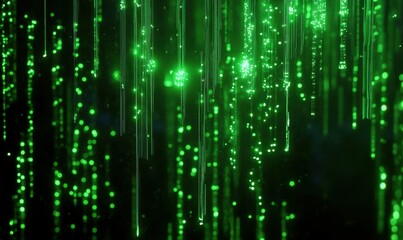 Futuristic data stream flowing in vivid green tones, glowing lines forming intricate tech-inspired patterns against a dark background