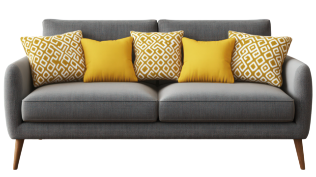 Contemporary gray sofa with patterned and solid yellow accent pillows arrangement