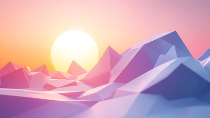 Lowpoly Sunset Mountains Geometric Landscape, Digital Art, 3D Render