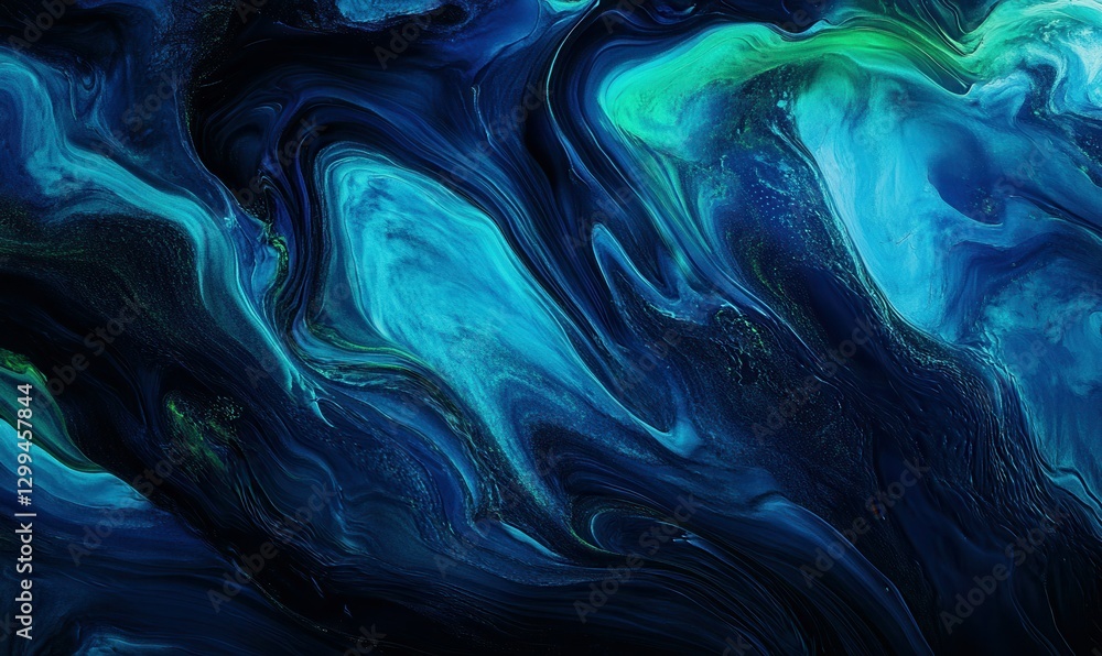 Poster artistic flowing neon blue and green wave-like lines illuminated against a sleek dark background cre
