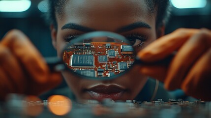 Woman inspecting circuit board with magnifying glass