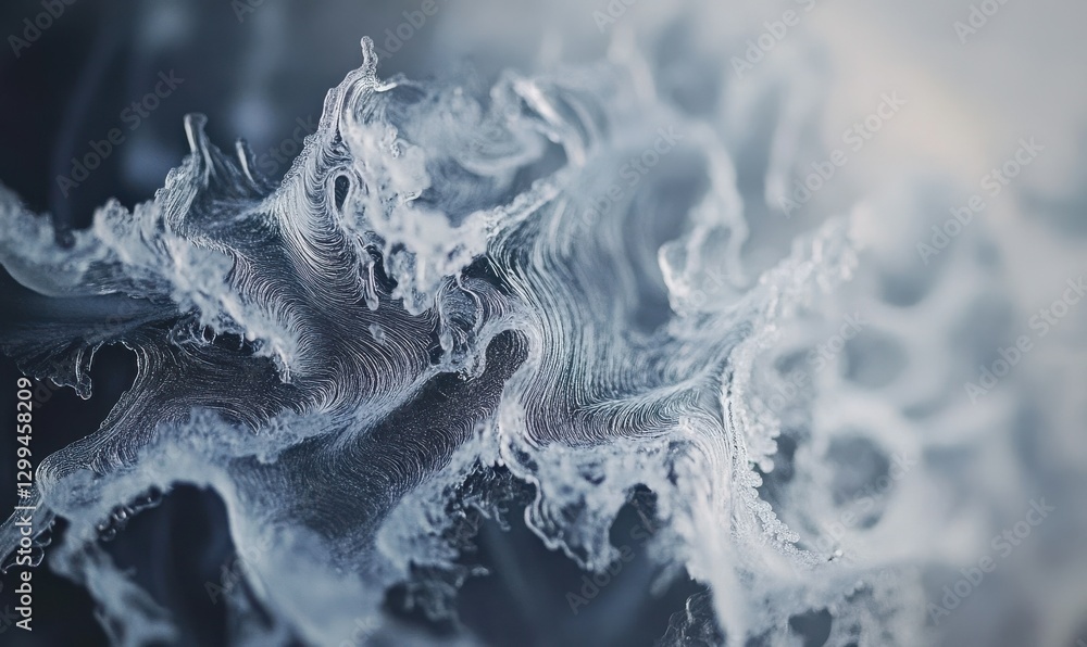 Poster artistic macro shot of intricate frost patterns forming on a glass window. cool tones and crisp text