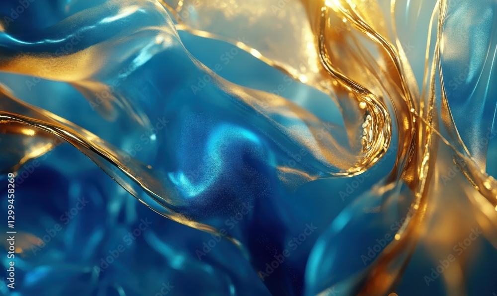 Poster artistic marbled abstract design in vibrant blue and gold tones illuminated by diffused light, creat