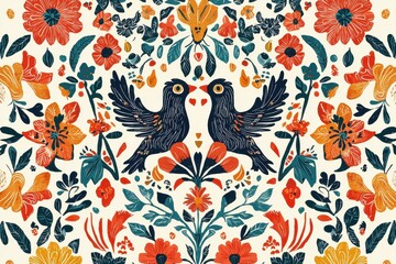 Folk Art-Inspired Easter Illustration with Bold Colors A unique Easter-themed illustration featuring folk art patterns of rabbits, birds, and flowers