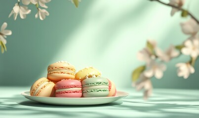 Plate of colorful macarons displayed on a soft pastel background with delicate floral accents, embodying elegance and sweetness.