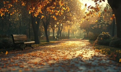 Obraz premium Autumn park path, sunlight filtering, bench, fallen leaves, peaceful.