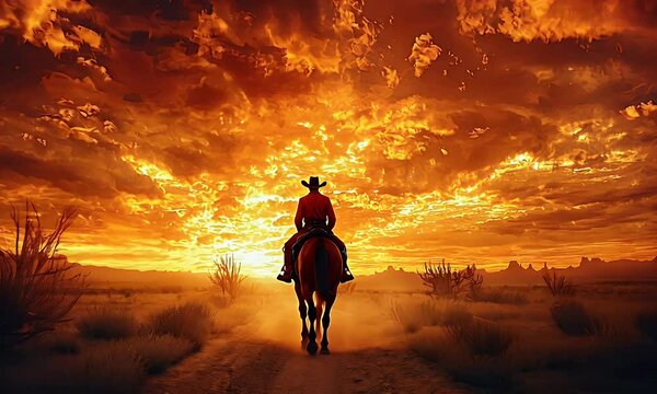 A cowboy on horseback rides towards a fiery sunset in the desert landscape.