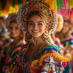Fototapeta premium Smiling woman in vibrant traditional Andean festival dress