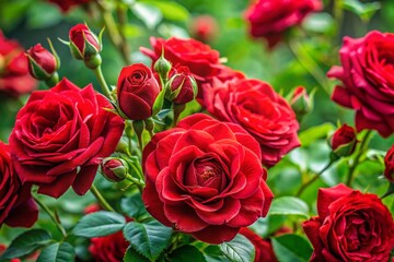 Close-up Blooming Red Roses with Buds, Lush Green Bush Background - Garden Flowers