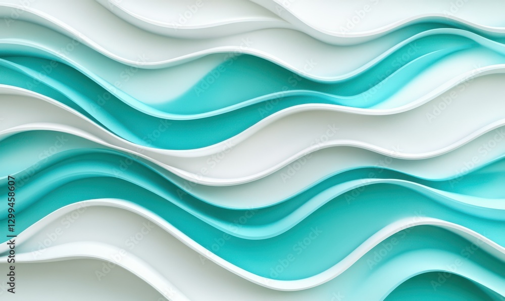 Poster artistic wave patterns in vibrant turquoise and white tones, softly glowing with subtle gradients to