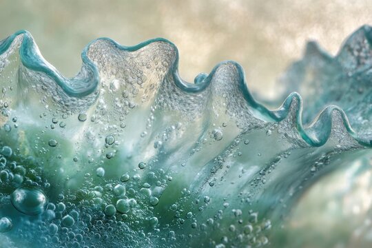 Close-up of teal glass art with bubbles, showcasing intricate ruffled texture and ethereal beauty.