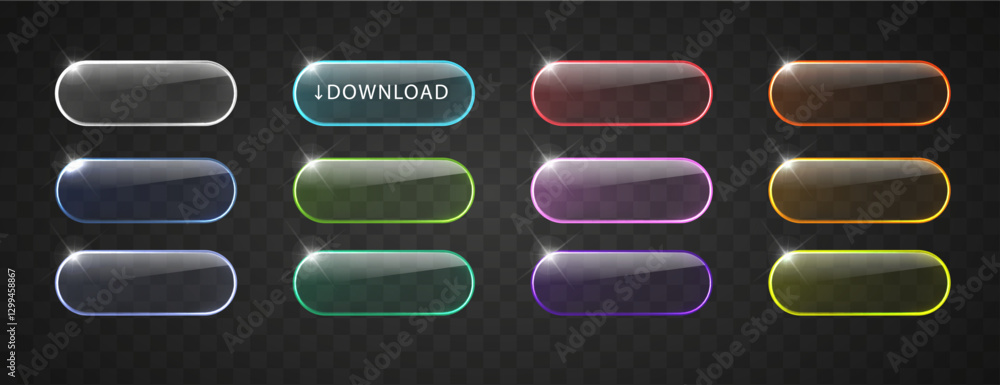 Poster glass glowing buttons for web design isolated on dark background. realistic light frame border colle