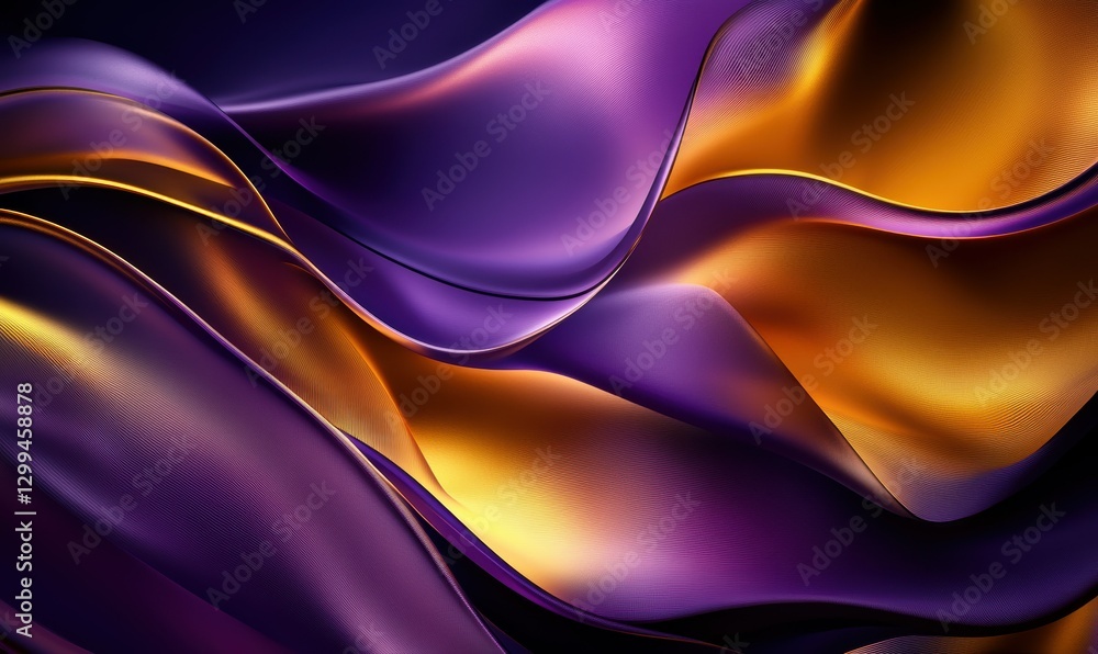 Poster bold and colorful abstract light trails in vibrant purple and gold tones, dynamic patterns creating 